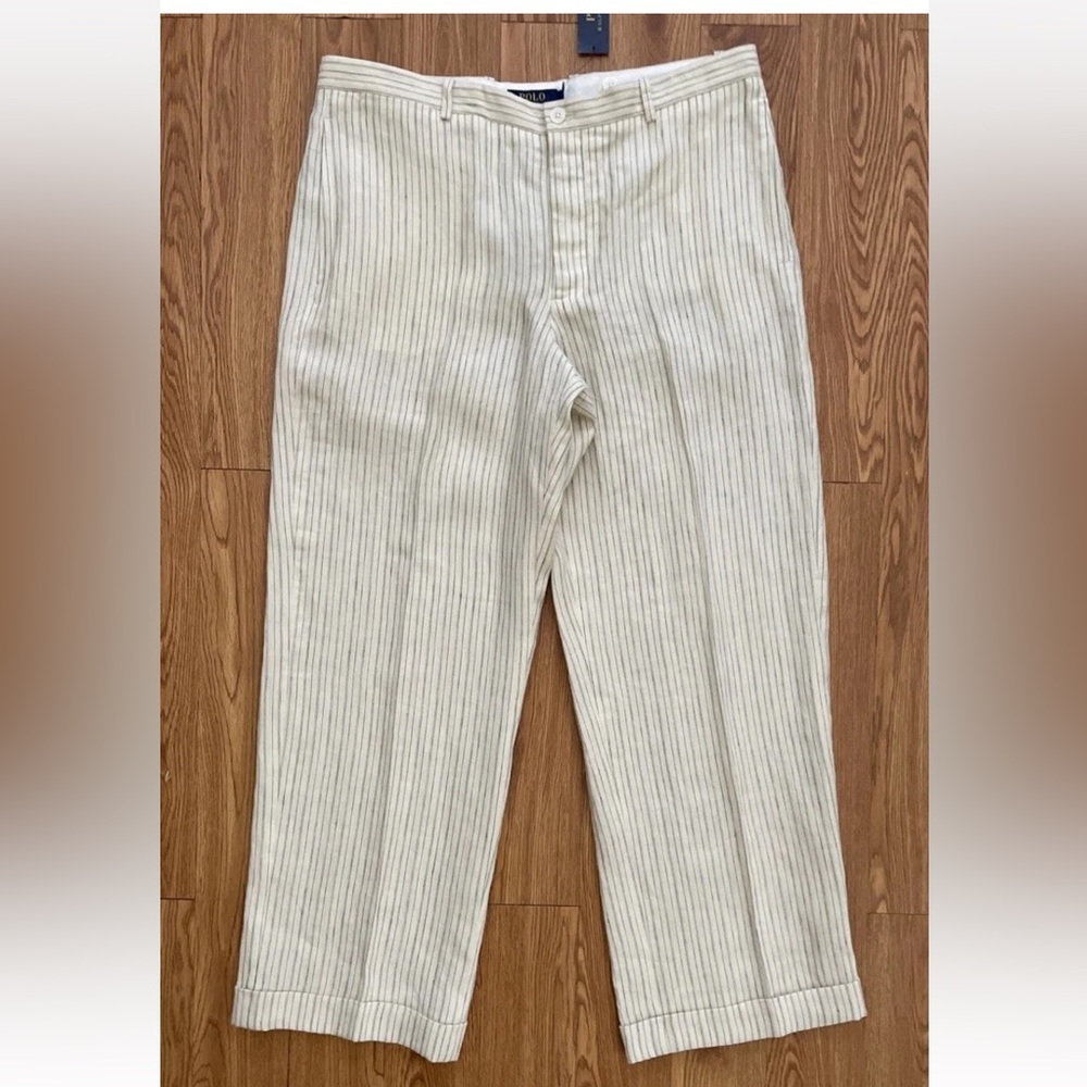 NWT Ralph Lauren 100% Linen Crop Wide Leg Pants Cream Navy Stripe Sz 12 Reg $245